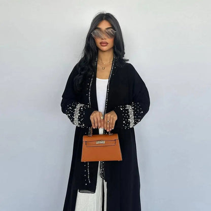 Avec Hijab Hotfix Strass Perles Cardigan Ouvert Robe Abaya