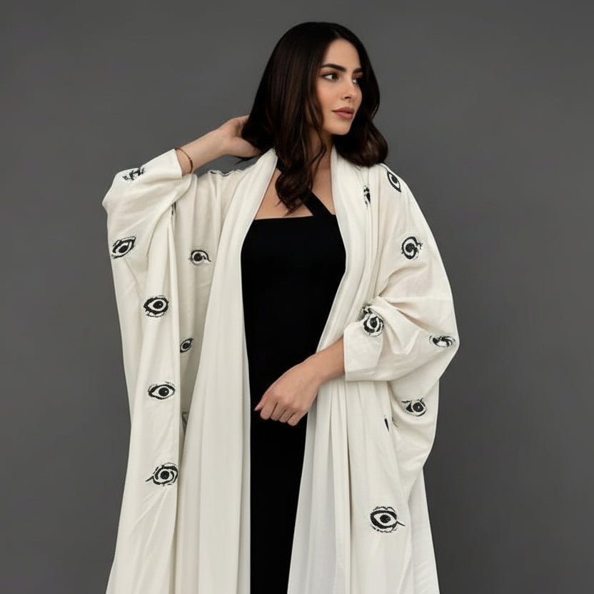 Robe abaya ouverte avec cardigan brodé Evil Eye #25173