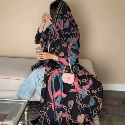 Printed Cardigan Open Abaya Dress With Matching Hijab For Muslim Women #25234