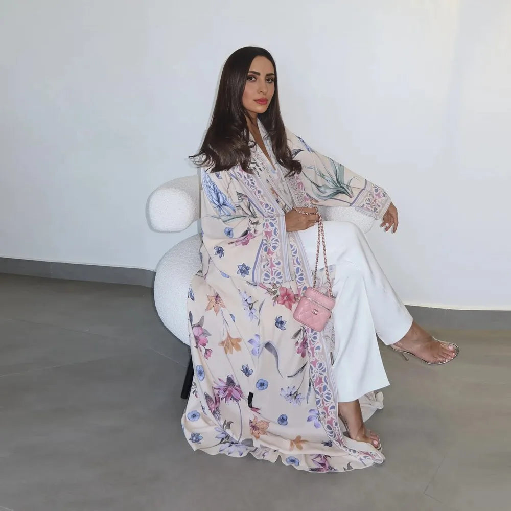 Robe abaya ouverte en cardigan imprimé avec hijab assorti #25223