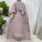 Robe abaya ouverte en mousseline de soie abricot à trois couches #25C1896
