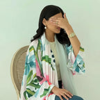 With Matching Hijab Muslim Women Printed Open Abaya Dress #25244