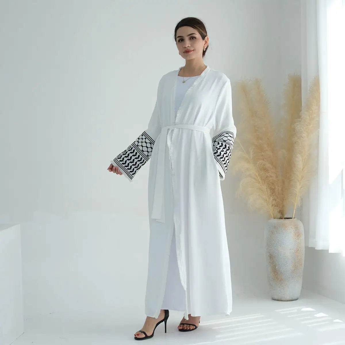 Palestine Keffiyeh Dress Tassel Cuff Embroidery Sleeve Cardigan Open Abaya Dress