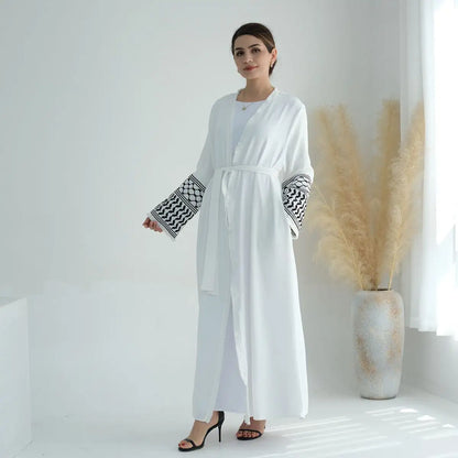Palestine Keffiyeh Dress Tassel Cuff Embroidery Sleeve Cardigan Open Abaya Dress