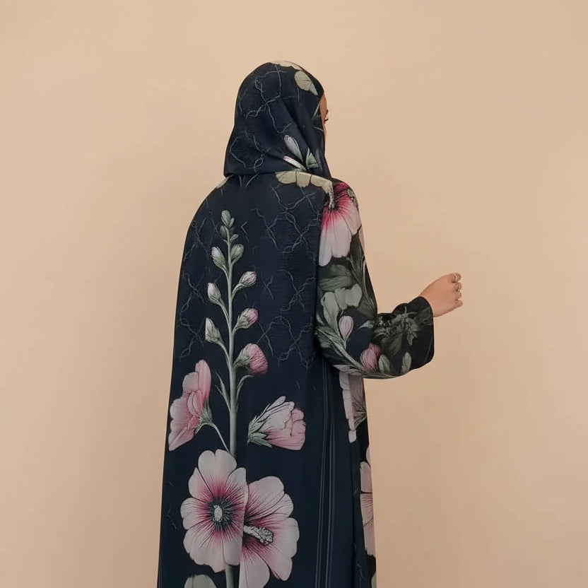 With Matching Hijab Muslim Women Printed Cardigan Open Abaya Dress #25239