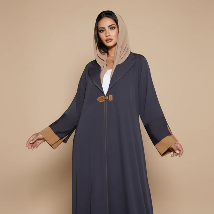 Robe Abaya ouverte pour femme - Plissée - Satin velours - Gris - #25171