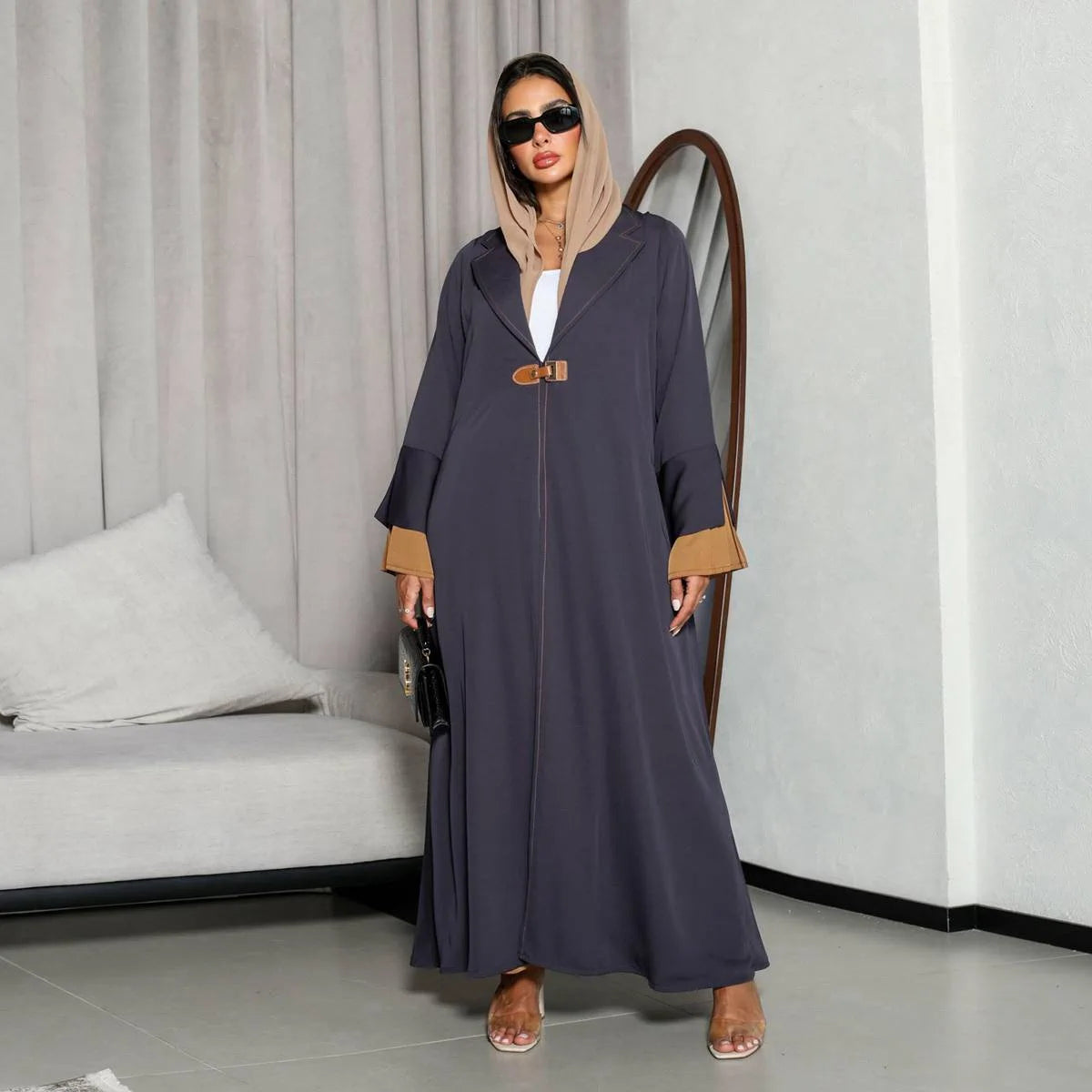 Women Open Abaya Dress - Pleated - Velvet Satin - Gray - #25171
