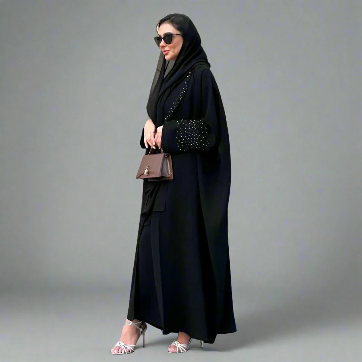 Robe abaya ouverte avec cardigan en strass Hotfix - Noir - #25206