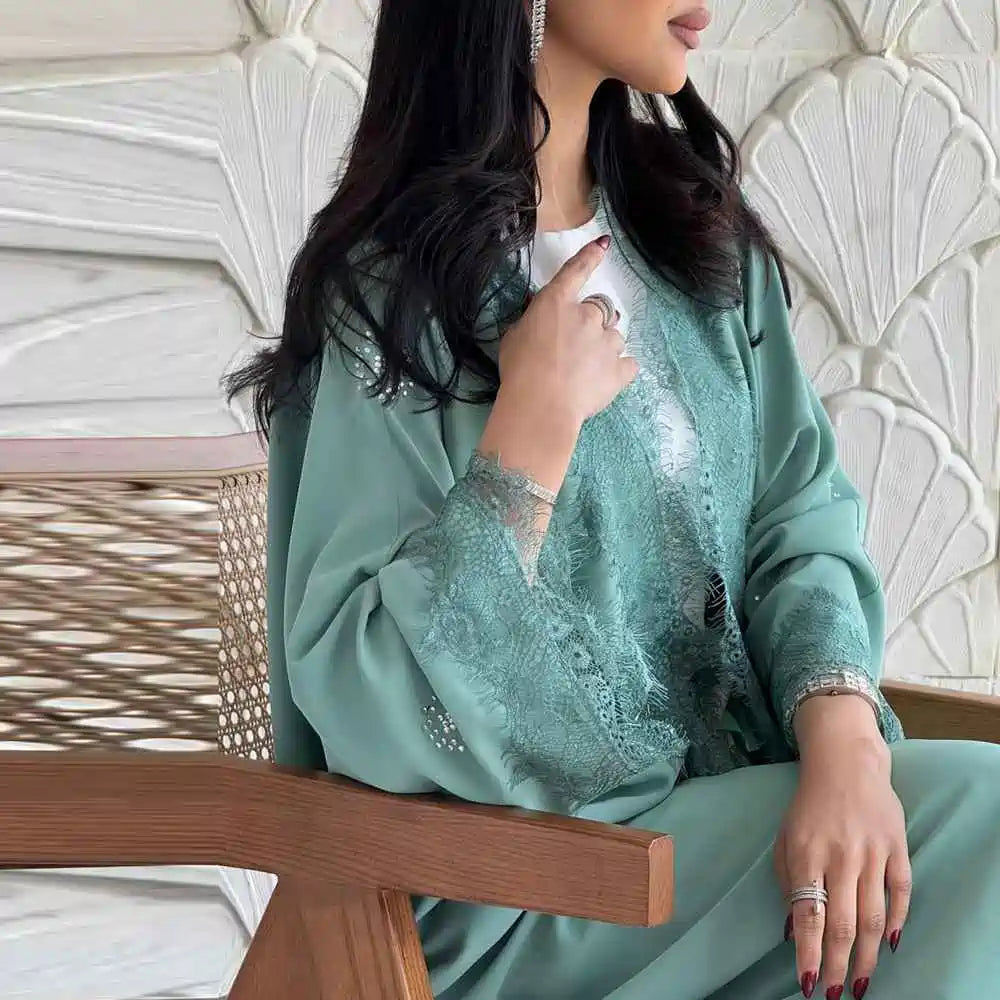 Robe Abaya ouverte en dentelle avec cardigan #25214