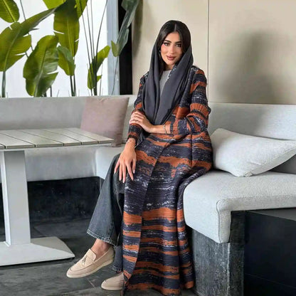 Robe Abaya ouverte à manches plissées et imprimé cardigan #25175