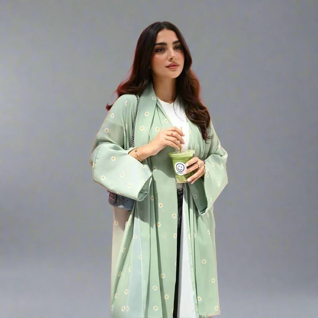 Robe abaya ouverte à imprimé floral vert clair