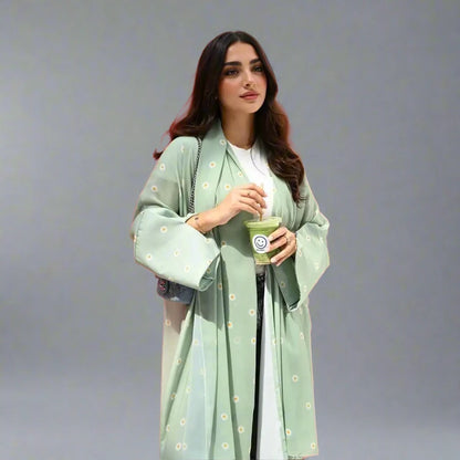 Robe abaya ouverte à imprimé floral vert clair