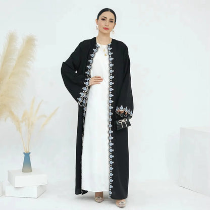 Robe Abaya ouverte en cardigan Nida brodé de fleurs #24909