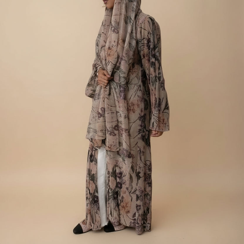 Printed Pleated Open Abaya Dress With Matching Hijab #25231