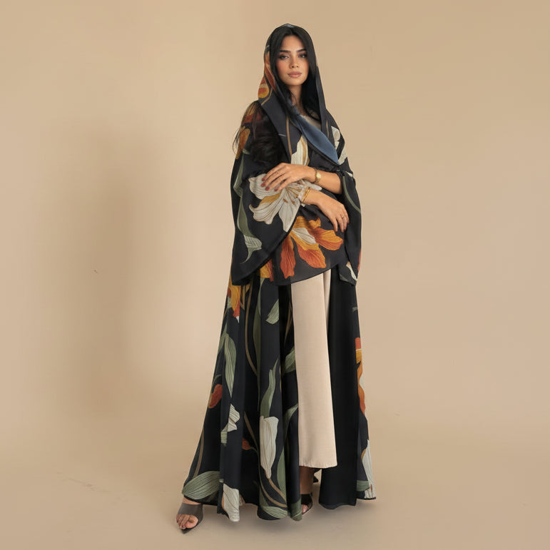 With Matching Hijab Printed Cardigan Open Abaya Dress For Muslim Women #25238