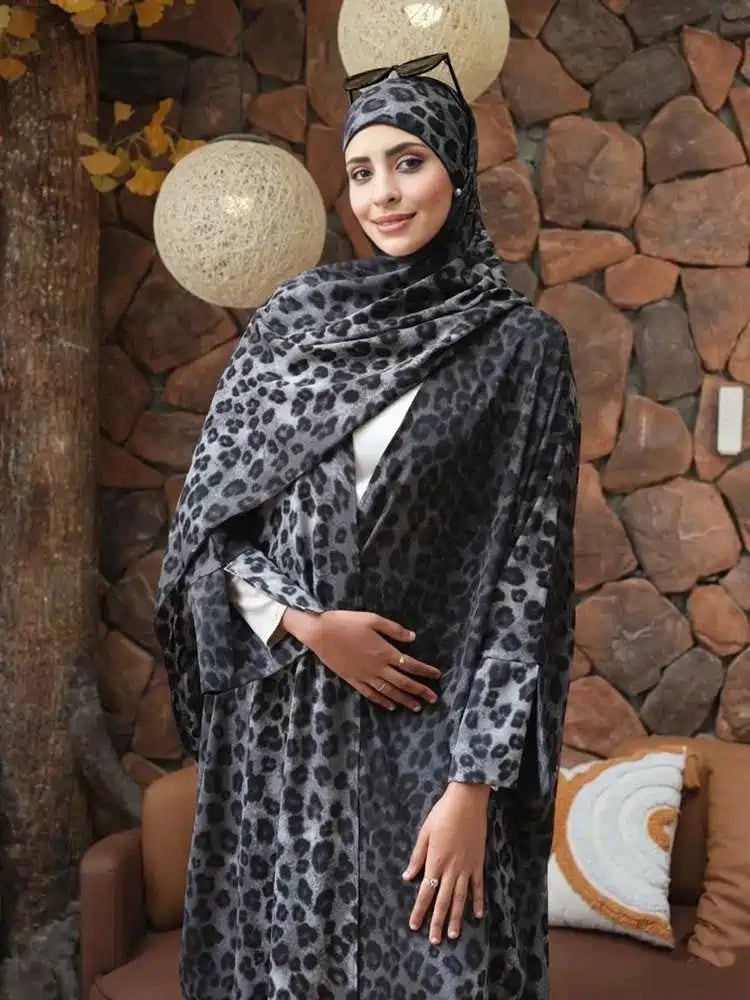 Robe Abaya ouverte grise à imprimé léopard #25975