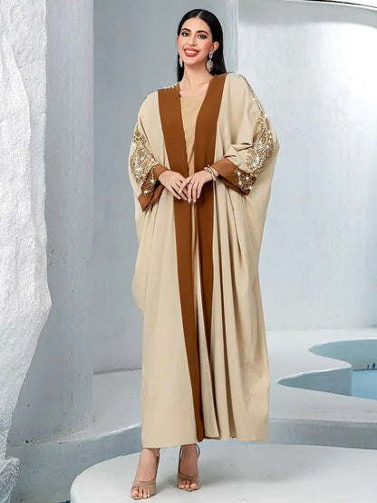 Robe Abaya ouverte brodée de strass cousue à la main #255032