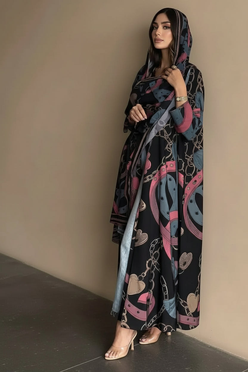 Printed Cardigan Open Abaya Dress With Matching Hijab For Muslim Women #25234