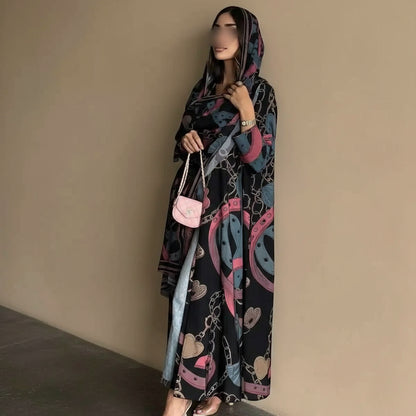 Printed Cardigan Open Abaya Dress With Matching Hijab For Muslim Women #25234