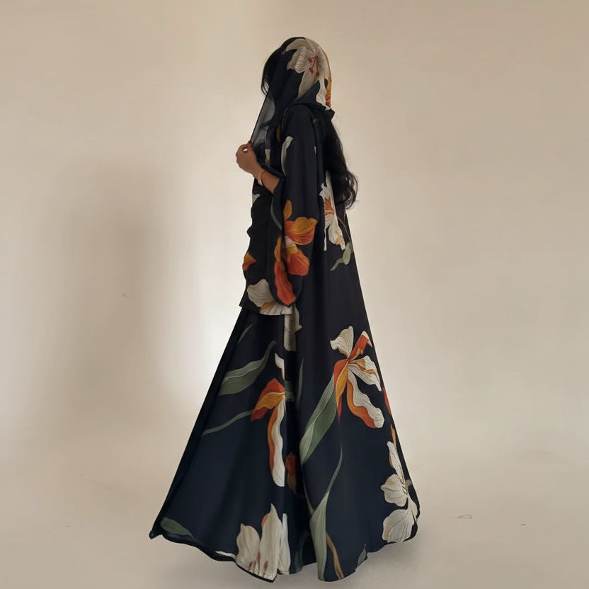 With Matching Hijab Printed Cardigan Open Abaya Dress For Muslim Women #25238