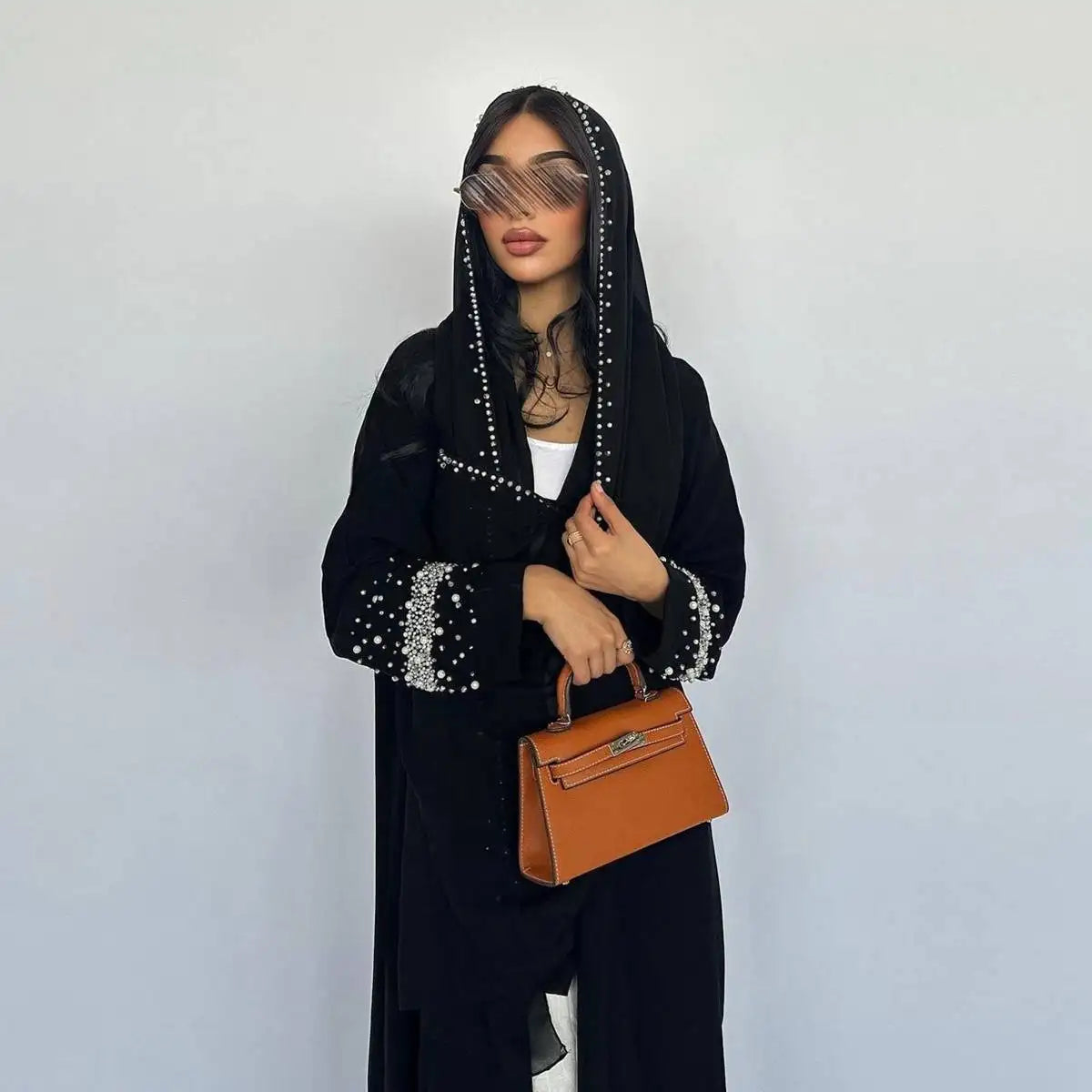 Avec Hijab Hotfix Strass Perles Cardigan Ouvert Robe Abaya