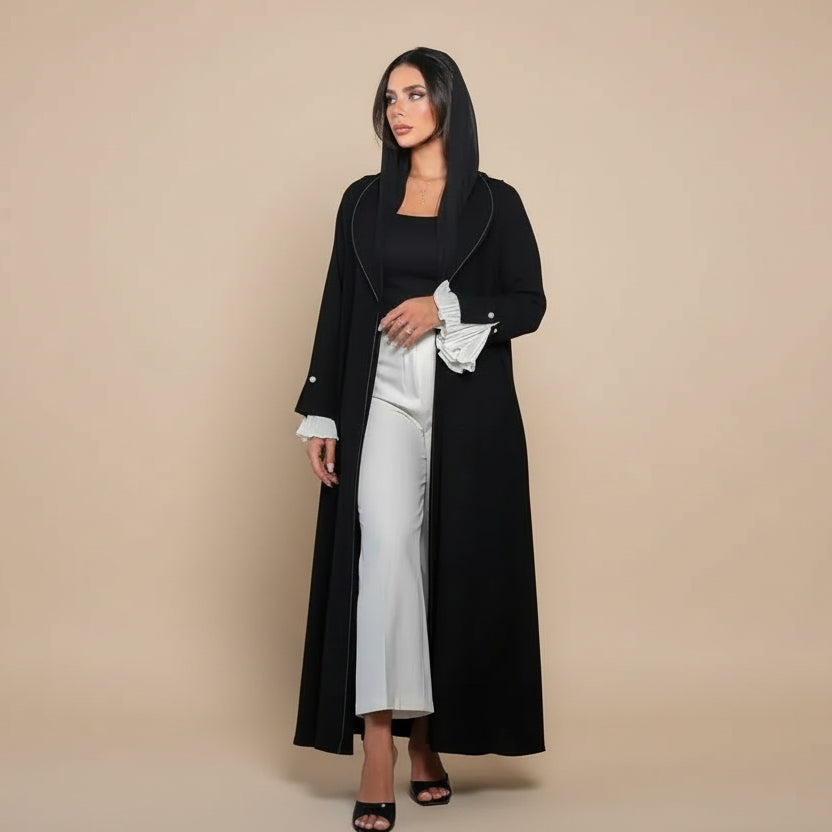 Robe Abaya ouverte en cardigan - Manches plissées - Noir - #25170