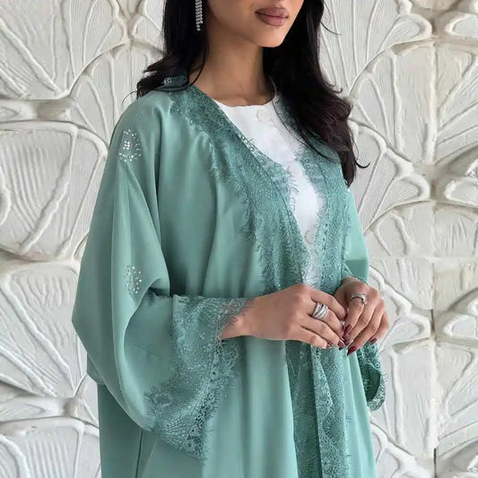 Robe Abaya ouverte en dentelle avec cardigan #25214