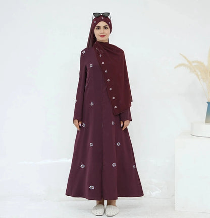 Robe Abaya ouverte brodée de luxe avec hijab assorti #251027