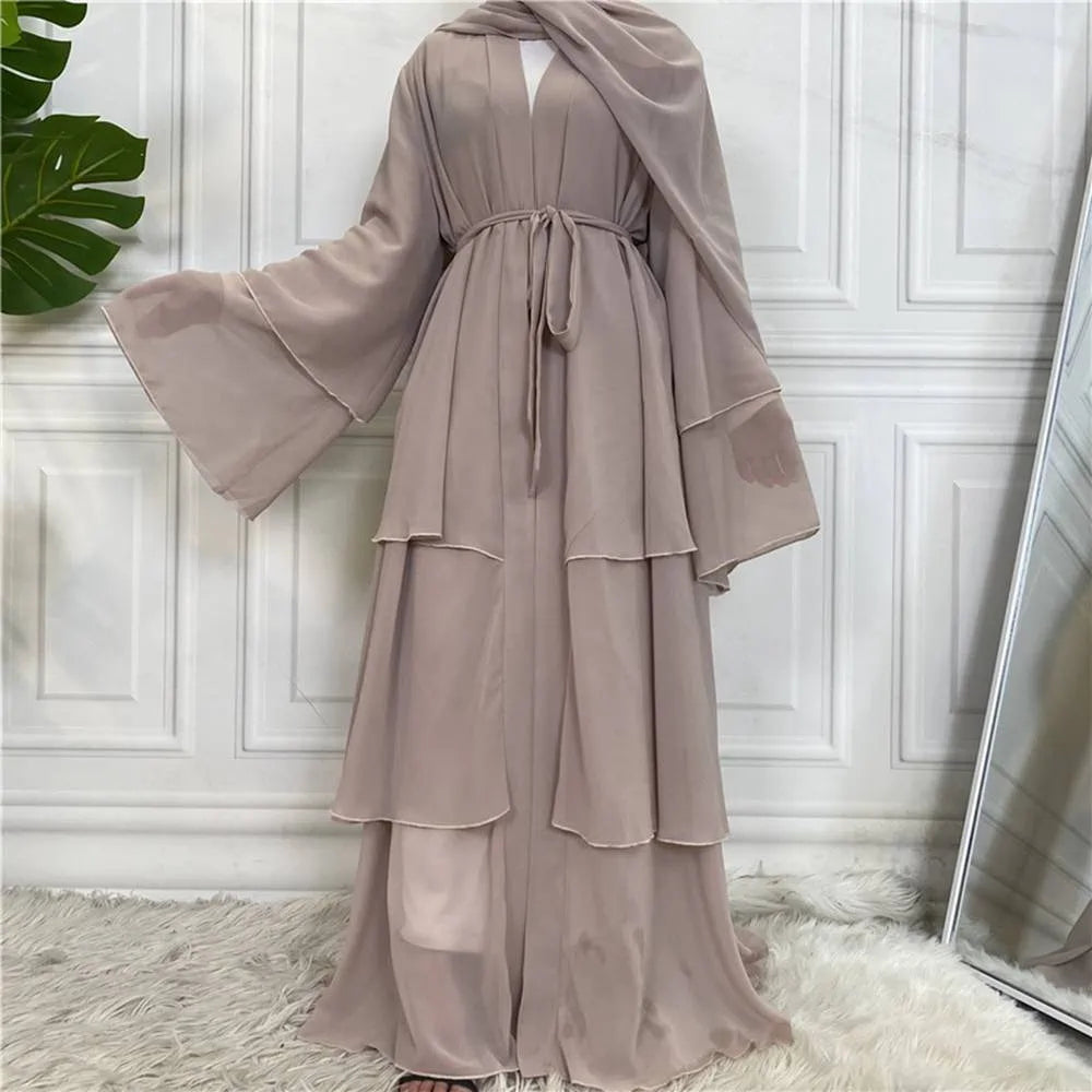 Robe abaya ouverte en mousseline de soie abricot à trois couches #25C1896