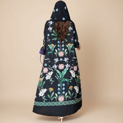 Printed Cardigan Open Abaya Dress With Matching Hijab For Muslim Women #25236