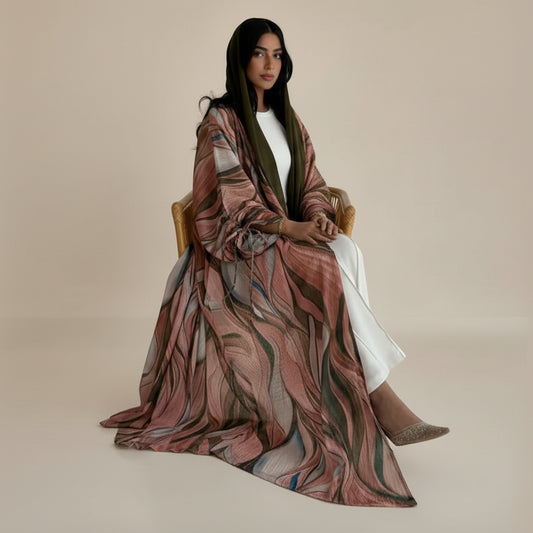 Robe abaya ouverte avec cardigan froissé et cordon de serrage #25207