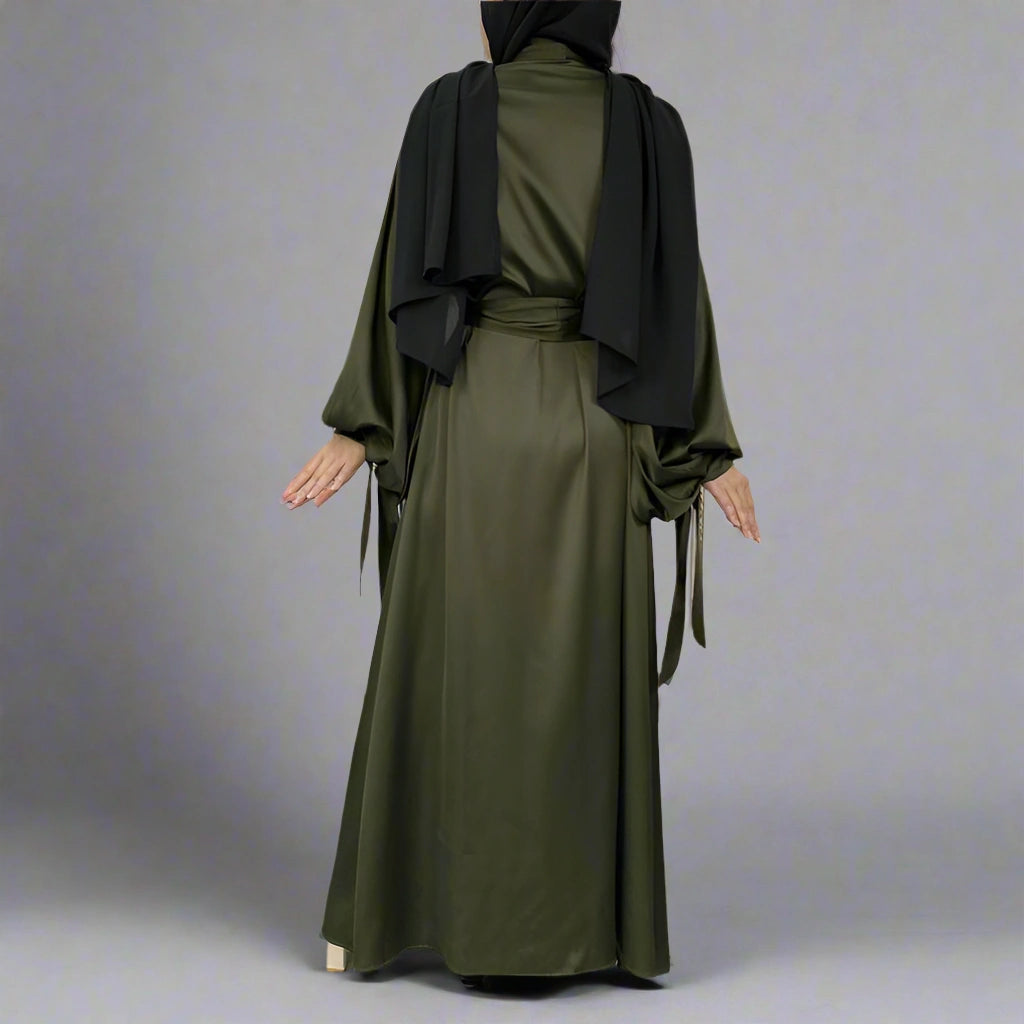 Robe abaya ouverte en satin à manches bouffantes, 10 couleurs au choix, pour femmes arabes