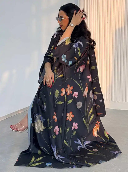 Muslim Women Printed Cardigan Open Abaya Dress With Matching Hijab #25252