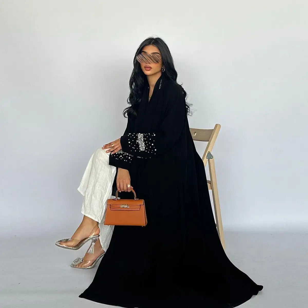 Avec Hijab Hotfix Strass Perles Cardigan Ouvert Robe Abaya