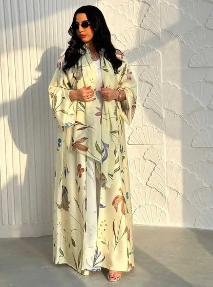 Muslim Women Printed Cardigan Open Abaya Dress With Matching Hijab #25252