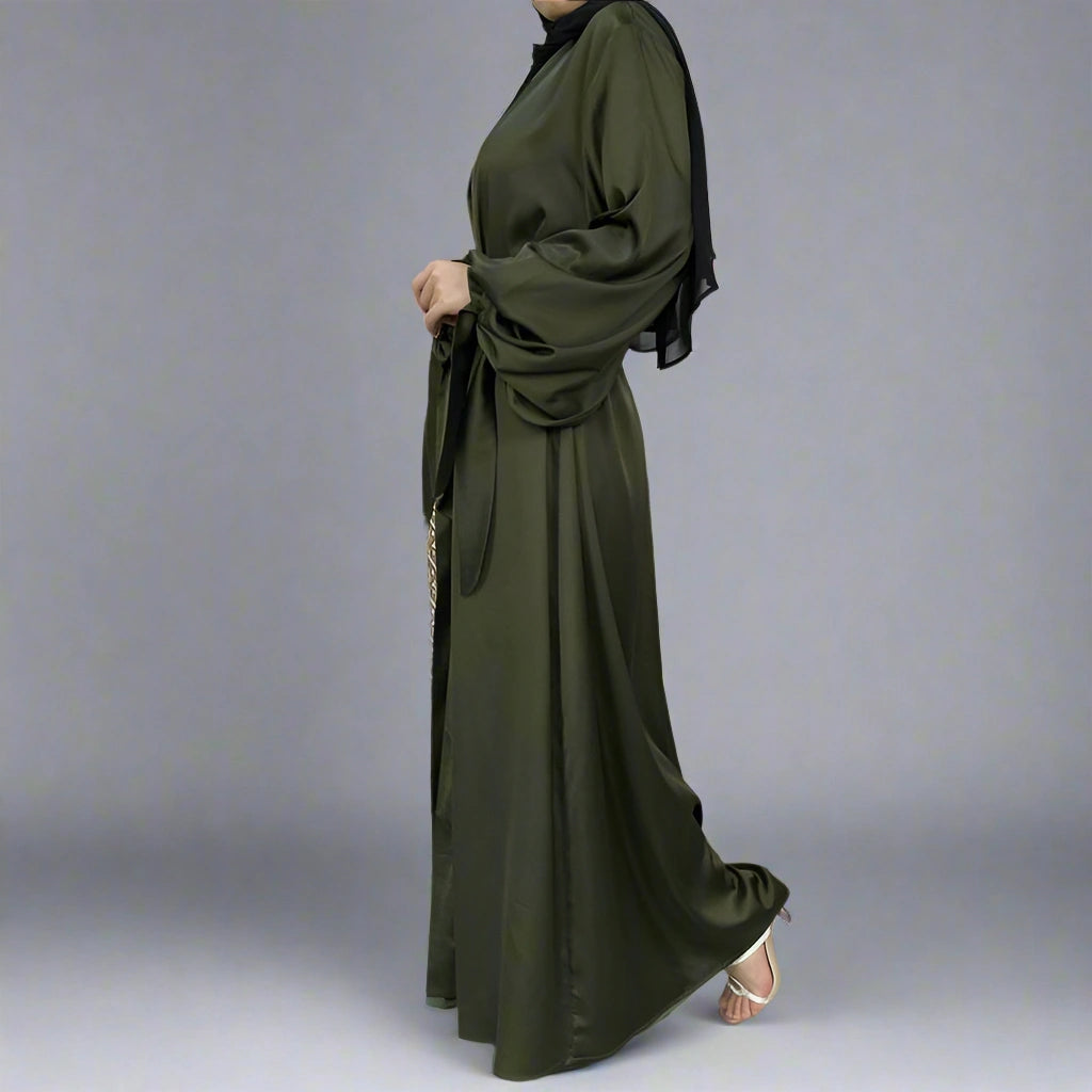 Robe abaya ouverte en satin à manches bouffantes, 10 couleurs au choix, pour femmes arabes