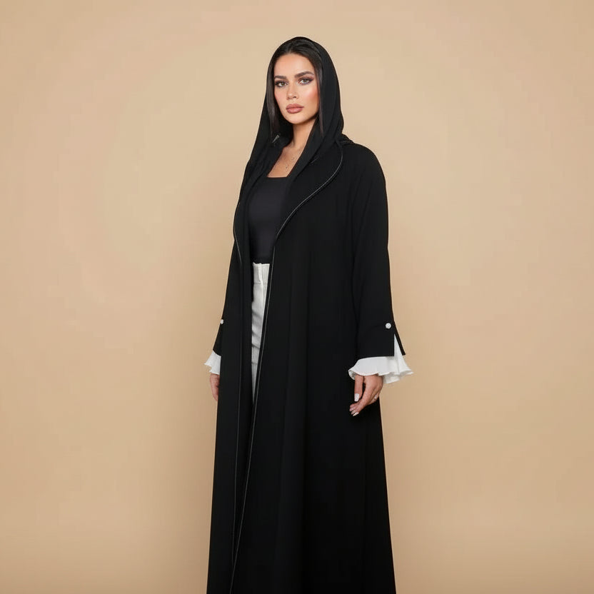 Robe Abaya ouverte en cardigan - Manches plissées - Noir - #25170