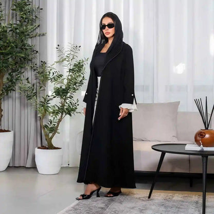 Cardigan Open Abaya Dress - Pleated Sleeve - Black - #25170