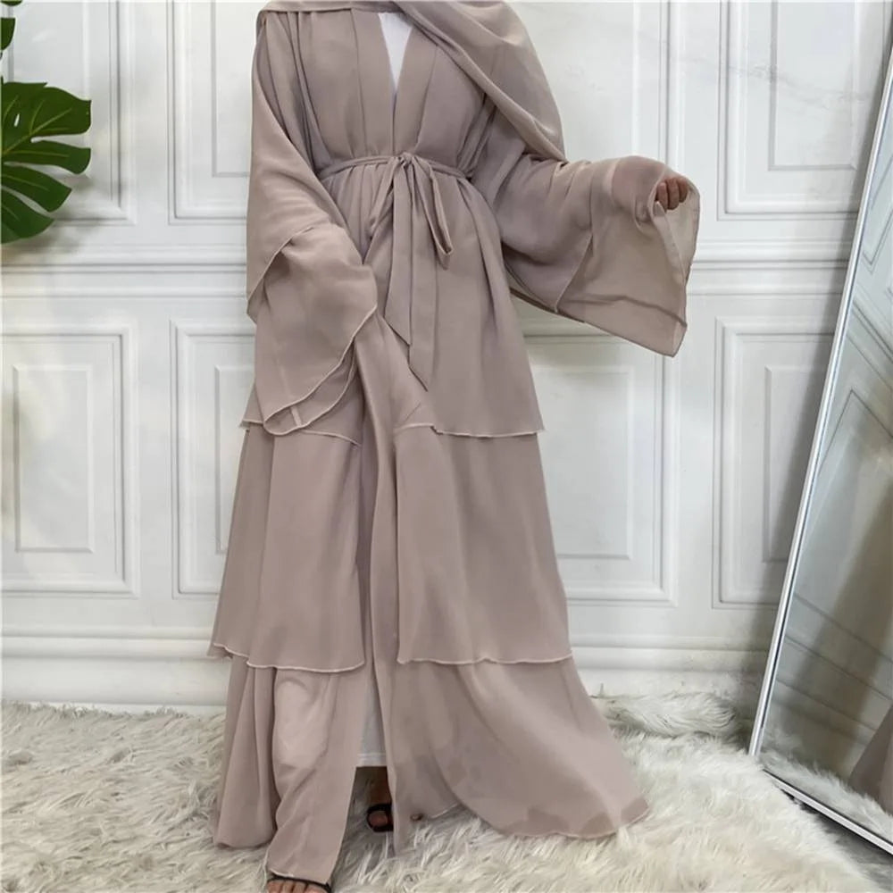 Robe abaya ouverte en mousseline de soie abricot à trois couches #25C1896