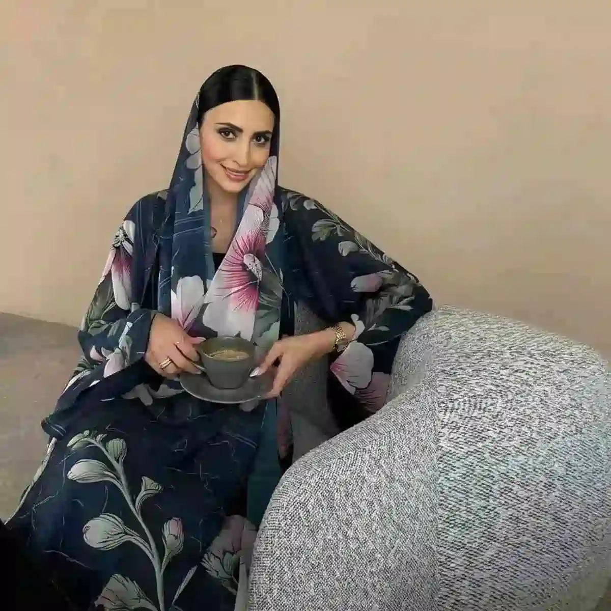 Muslim Women Dubai Printed Cardigan Open Abaya Dress With Matching Hijab #25237