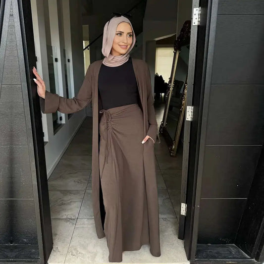 Muslim Women Daily Wear 2 Pieces Set Open Abaya Dress With Skirt #251091
