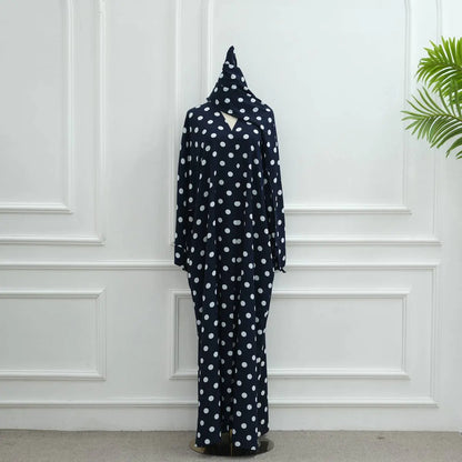 Polka Dot Print Cardigan Open Abaya Dress With Matching Hijab #251119