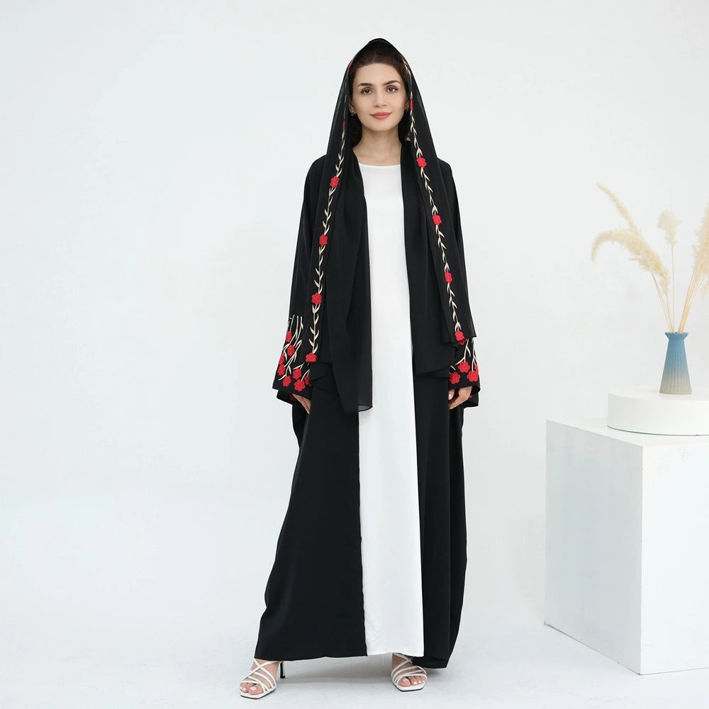 Robe abaya ouverte à manches brodées Nida avec hijab assorti #251051