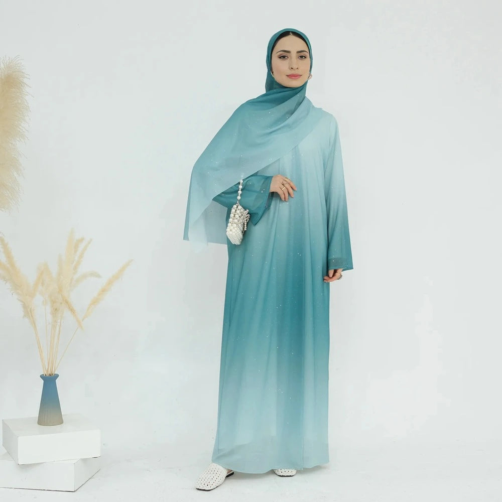Robe abaya ouverte à paillettes dégradées avec hijab assorti #25797