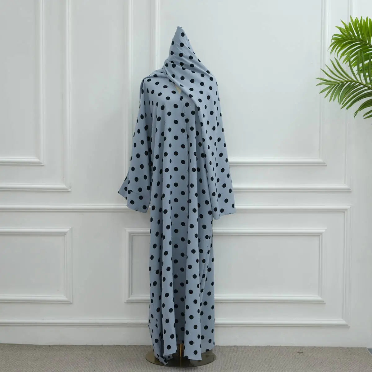 Polka Dot Print Cardigan Open Abaya Dress With Matching Hijab #251119