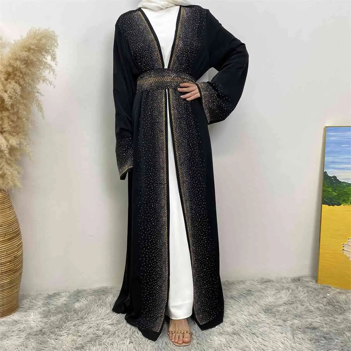 Robe Abaya ouverte Nida avec poche et strass Hotfix