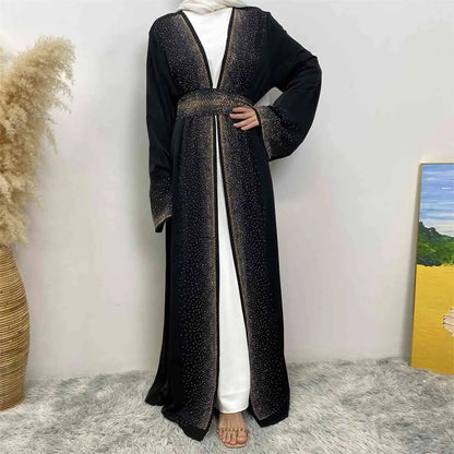 Robe Abaya ouverte Nida avec poche et strass Hotfix