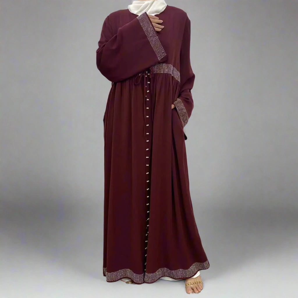 Robe Abaya ouverte en cardigan avec perles strass Hotfix pour femmes musulmanes