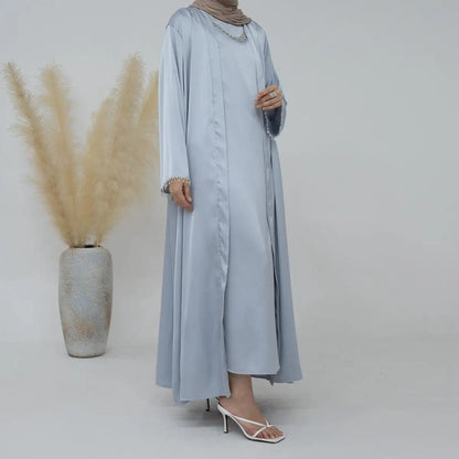 Ensemble 2 pièces mode modeste, robe abaya ouverte avec ceinture en cristal et robe intérieure sans manches