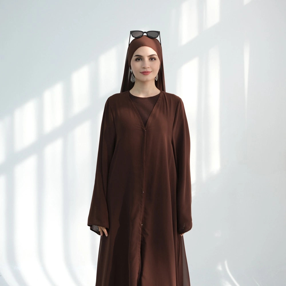 Ensemble 3 pièces : robe abaya ouverte en mousseline avec hijab assorti #25842
